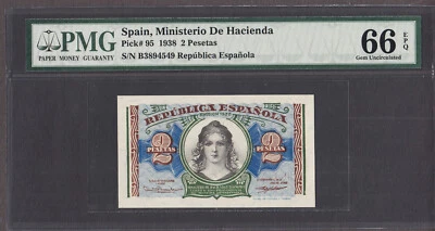 Spain 2 Pesetas 1938 Pick-95 GEM UNC PMG 66 EPQ - Image 1 of 2