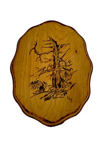 Vintage Wood Burning Pyrography Folk Art Winter Tree Landscape Signed 1986 - Picture 1 of 5