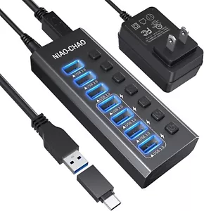 Hub USB 3.0 Alimentado, NIAO-CHAO Hub USB C Alimentado por 7 Puertos con Conmutadores Individuales - Imagen 1 de 6