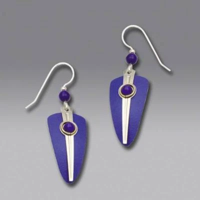 Adajio Earrings Long Blue Shield Silver Tone Strip Blue Bead Handmade in USA - Image 1 of 4