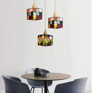 Vintage Stained Glass Pendant Light Colorful Pattern Cube Hanging Lamp Fixture - Picture 1 of 11