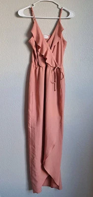 Everly Pink Ruffle V-Neck Tie Waist High-Low Maxi Dress Size Small - Image 1 of 4