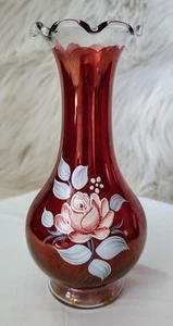 Westmoreland Iridescent Ruby Red Glass 6" Vase Hand Painted Rose Signed 1978 - Picture 1 of 6
