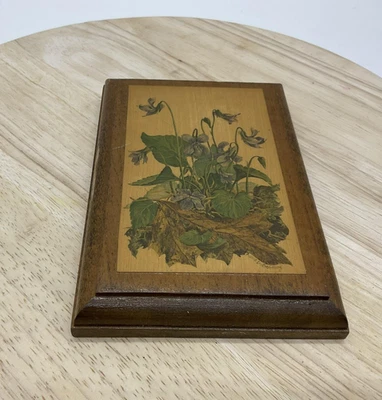 Vintage 1976 Wooden Floral Wall Plaque Violet Flower Botanical Art Home Decor - Image 1 of 4