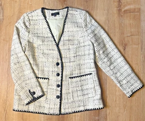 Talbots Tipped Tweed Blazer Womens 12 Cream Black Crest Buttons Chic Jacket - Picture 1 of 14
