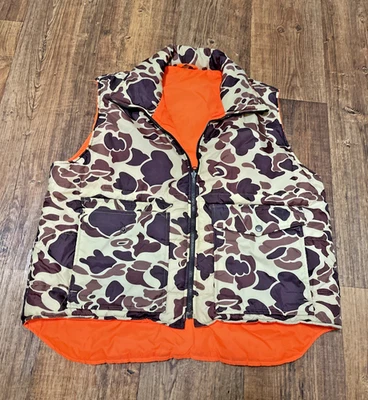 VINTAGE Winchester Vest Mens Large Brown Frog Camo Orange Reversible Puffer - Image 1 of 4