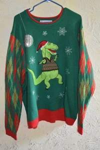 JOLLY SWEATERS Green And Red T-REX Dinosaur Ugly Christmas Sweater Size XXL - Picture 1 of 24