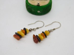 Pair of Sterling Silver Graduated Amber Hook Earrings Vintage c1970 - Picture 1 of 4