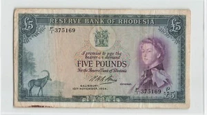 RHODESIA 5 Pounds 1964, P-26, F/1 375169, QEII Note, Circulated Grade. Y3 - Picture 1 of 2