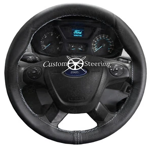 GREY STITCH FOR FORD FOCUS 2011-2014 REAL BLACK LEATHER STEERING WHEEL COVER - Picture 1 of 5