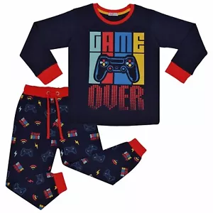 Kids Girls Boys Pyjamas Game Over Contrast Top Bottom 2 Piece PJS Sleepwear Set - Picture 1 of 11