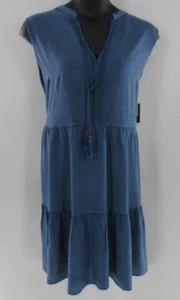 Plus Size Women Chambray Blue Solid Tired Knee Length Baby Doll Dress Sz 2X New - Picture 1 of 4