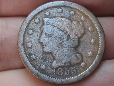 1855 Braided Hair Large Cent Penny, Upright 5s, VG Details - Image 1 of 3