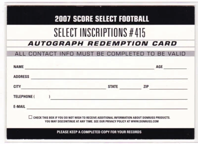 2007 Score Select Inscriptions Autograph VOID Redeption Card 415 Charles Johnson - Image 1 of 2