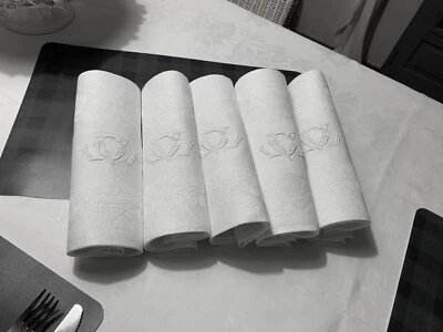 Linge Ancien 5 Serviettes De Mariage Damassé De Soie Monogramme Entrelacés C V - Photo 1/4