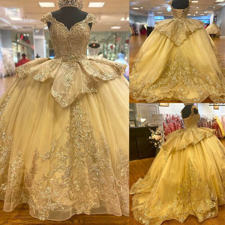 Блестящий золотой Quinceanera платья кружева сладкий 15 16 вечеринки выпускного вечера бальные платья бисером - Изображение 1 из 4