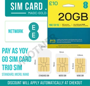 EE SIM CARD Pay As You Go PAYG Standard Micro Nano Size 20GB BARGAIN - Picture 1 of 3