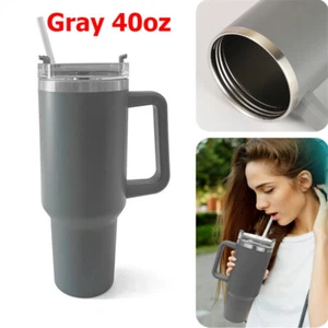 Gray Stainless Steel Vacuum Insulated Travel Mug 40 oz Tumbler Handle Straw Lid - Picture 1 of 13