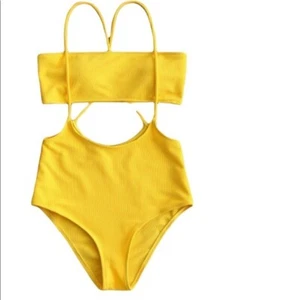ZAFUL Swim sz S (4) yellow ribbed knit bikini bando top and high waist bottoms - Picture 1 of 12