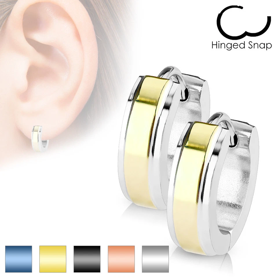 2er Set 316L Edelstahl Klapp Creolen Stufenrand blau silber rose gold schwarz - Bild 1 von 1