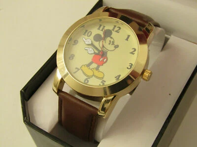 DISNEY MICKEY MOUSE MEN"S WATCH WITH MOLDED HANDS AND BROWN LEATHER BAND MK1448 - Image 1 of 4