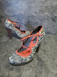 Ruby Shoo WOODEN high heel shoes Vintage Style Rockabilly Navy/Cream Red straps  - Picture 1 of 9