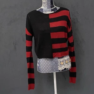 Hot Topic Split Crop Sweater Womens S Red Black Stripe Knit Top Punk Rock Gothic - Picture 1 of 7
