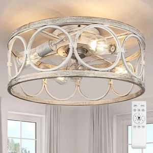 20" Ceiling Fan with Lights & Remot, Flush Mount White Caged Farmhouse Fandelier - Picture 1 of 7