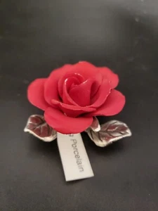 PORCELAIN RED ROSE ON STERLING SILVER DECORATIVE FIGURINE (Purchased for $125) - Picture 1 of 7
