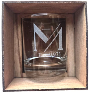 Initial “M” Whisky Glass into Gift Wooden Box - Picture 1 of 5