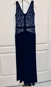 Lauren Ralph Lauren Evening Navy Blue Lace V Neck Maxi Gown Size S - Picture 1 of 6