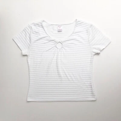 White Y2K 2000s Slinky Stretch Ribbed Knit Cap Sleeve Office Siren Hoop Top L XL - Image 1 of 4