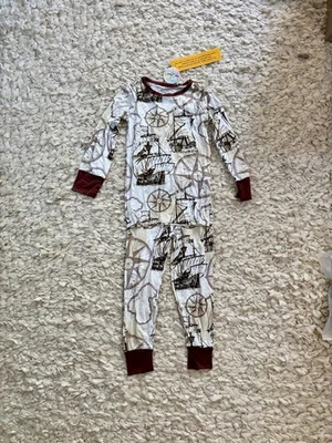 Boys Duray Baby Bamboo Pajama Set size 5 White Brown Pirate Ships New - Image 1 of 4