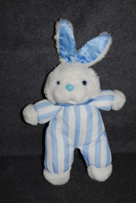 🍀 Doudou Lapin PAMPERS Blanc Rayé Bleu Yeux Nez Durs Peluche 25 Cm Vintage - Photo 1/2