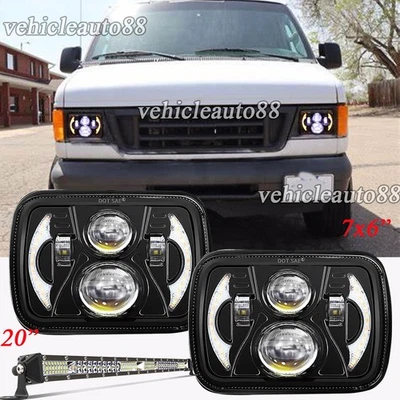 Fit Ford E-150 E-250 2003-2014 Van 2PCS 7x6'' LED Headlights DRL+20'' Light Bar - Image 1 of 4
