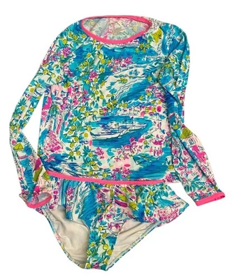 Lilly Pulitzer Swimsuit Youth 14 Two Piece Blue Nylon Blend Stretch Rash Guard - Image 1 of 3