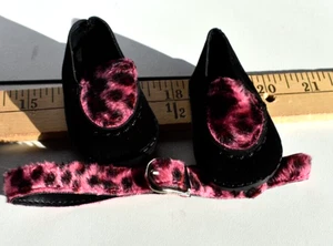 BLACK FAUX SUEDE ANIMAL PRINT SHOES & BELT FIT AMERICAN GIRL DOLLS   NEW GENERIC - Picture 1 of 2