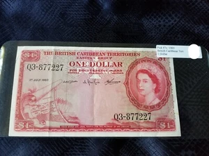British Caribbean Territories 1 Dollar 1960 Pick #7c Very Fine Queen Elizabeth - Picture 1 of 2