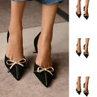 Womens Bows Pointed Toe Pumps Block Low Heels Fashion Office Party Dress Shoes