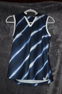 Neu mit Etikett Lady Hagen Damen bedrucktes gestreiftes ärmelloses Golf-Polo, marineblau Größe XS - Bild 1 von 3
