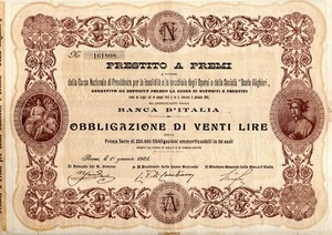 OBBLIGAZIONE 20 LIRE BANCA D’ ITALIA PRESTITO A PREMI DANTE ALIGHIERI 1905 - Foto 1 di 2