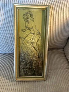 Vintage Etched Glass Art SURFER WOMAN Hawaii 70s Or 80s SIGNED - Picture 1 of 7
