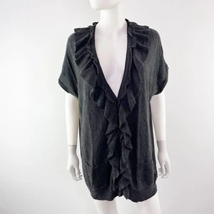 Halogen Sweater Women's Size L Gray Short Sleeve Wool Knit Ruffle V-Neck - Picture 1 of 10