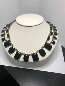 Double Row Square Black Stones Prong Necklace, Set in Gold Tone and Accented wit - Picture 1 of 9