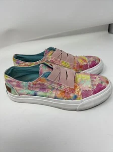 Blowfish Pink Watercolor Raw Edge Elastic Strap Canvas Slip Ons Women's Size 7 - Picture 1 of 5