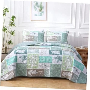 Coastal Quilt Set Size Beach Coverlet Starfish Coral Seashell King Sage Green - Picture 1 of 7