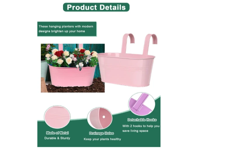 Paquete de 3 ganchos de cubo ovalados para jardinera barandilla de metal drenaje púrpura rosa azul Foto 1 de 3