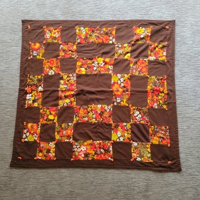 Manta de cuna acolchada vintage años 70 con retazos para niños marrón naranja floral Foto 1 de 4