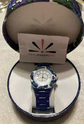 NUEVO EN CAJA RELOJ ISAAC MIZRAHI CERÁMICA AZUL FLORAL ESFERA PERLADA PESADO Foto 1 de 4