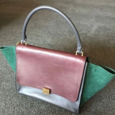 CELINE Trapeze Large Tri Color Calf Leather Satchel Bag Brown Gray Green Used - Image 1 of 4